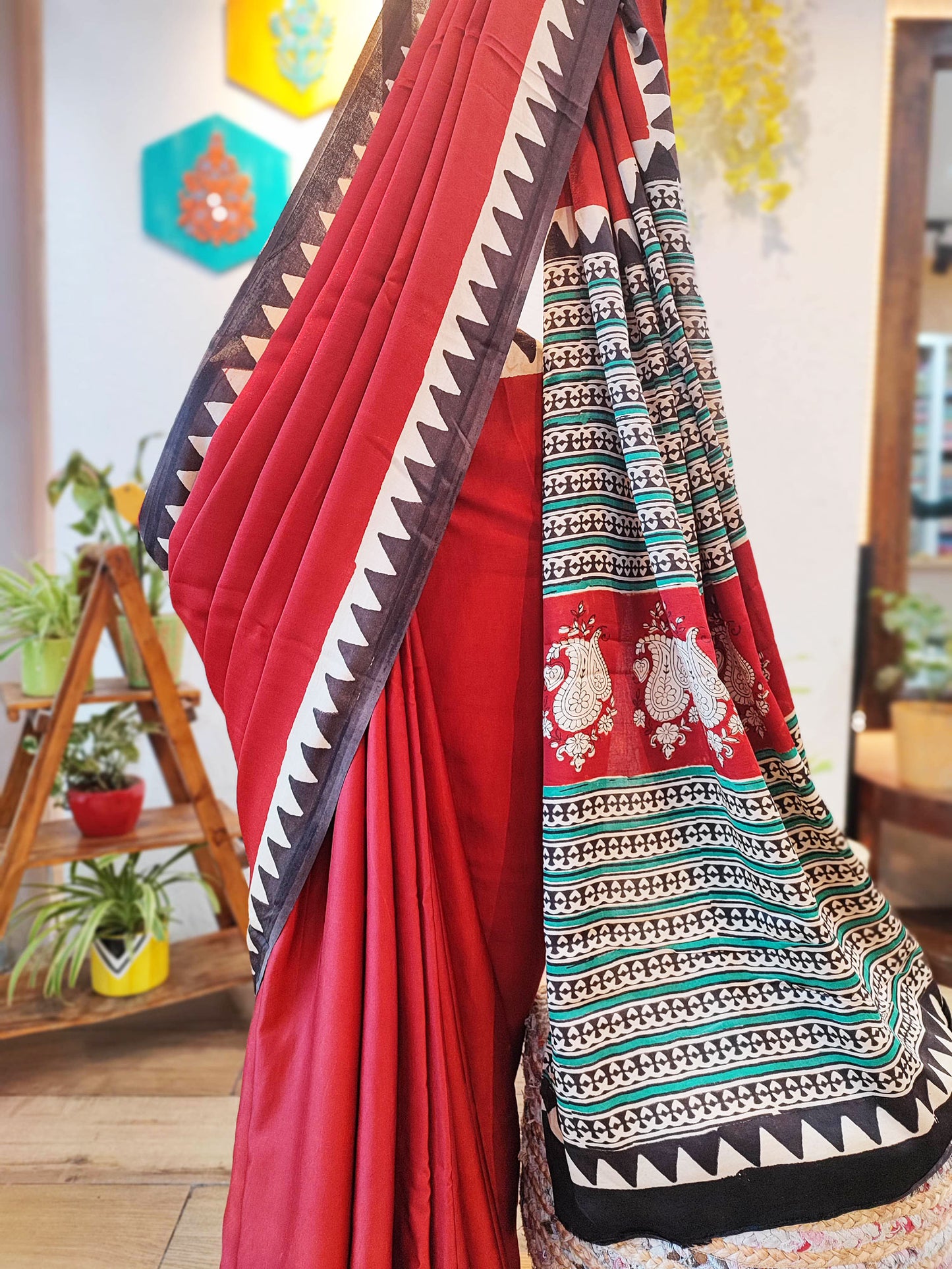 Red & Black Modal Satin Handblock Printed Saree With Running Blouse