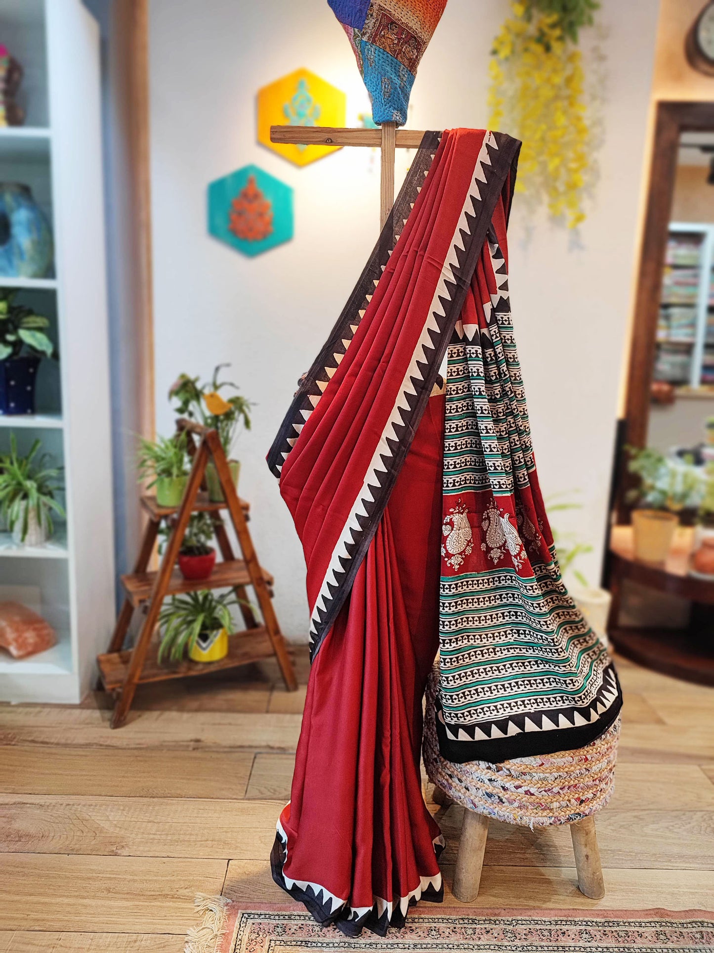 Red & Black Modal Satin Handblock Printed Saree With Running Blouse