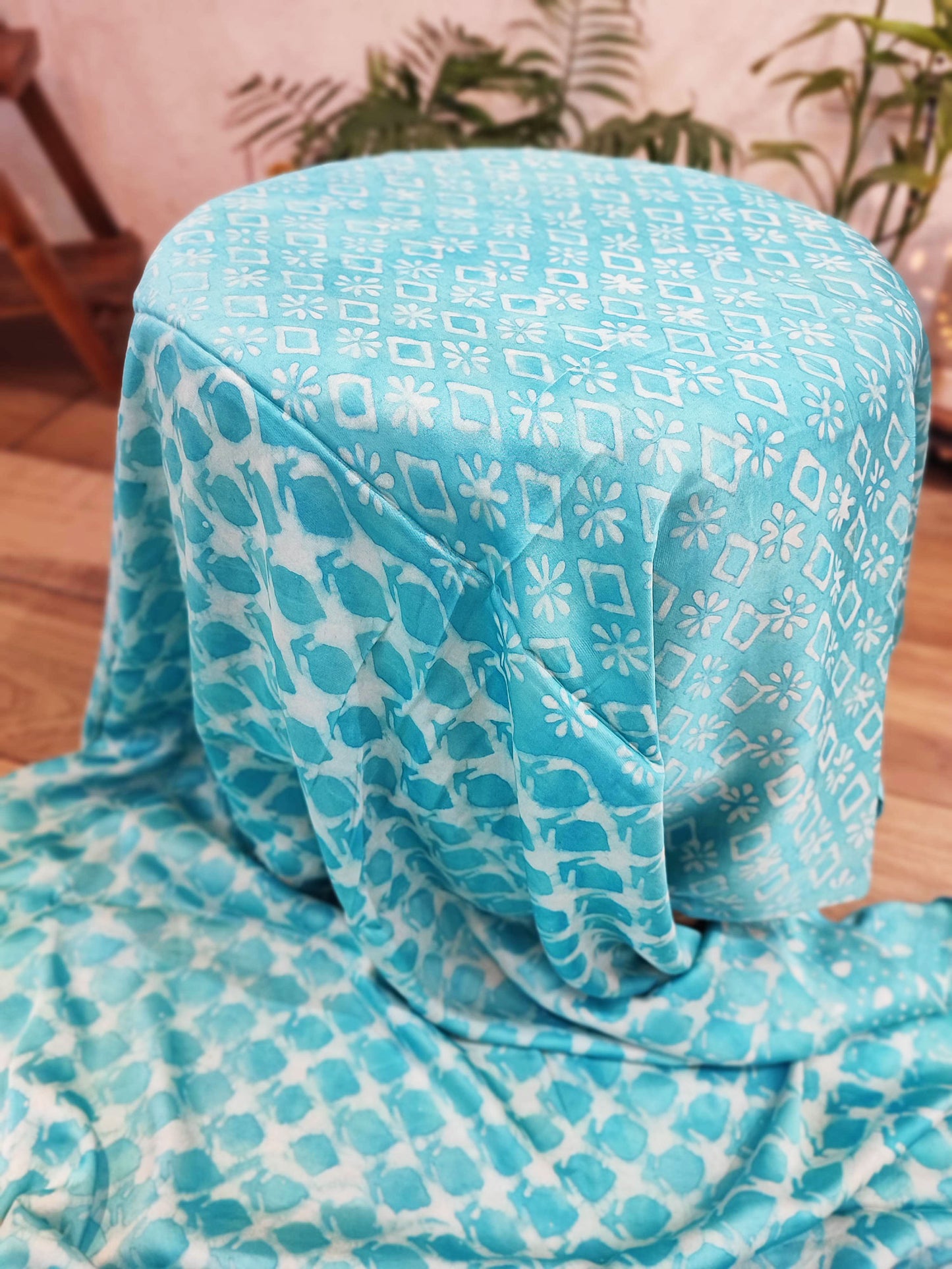 Light Cyan Satin Handblock Printed Saree With Running Blouse