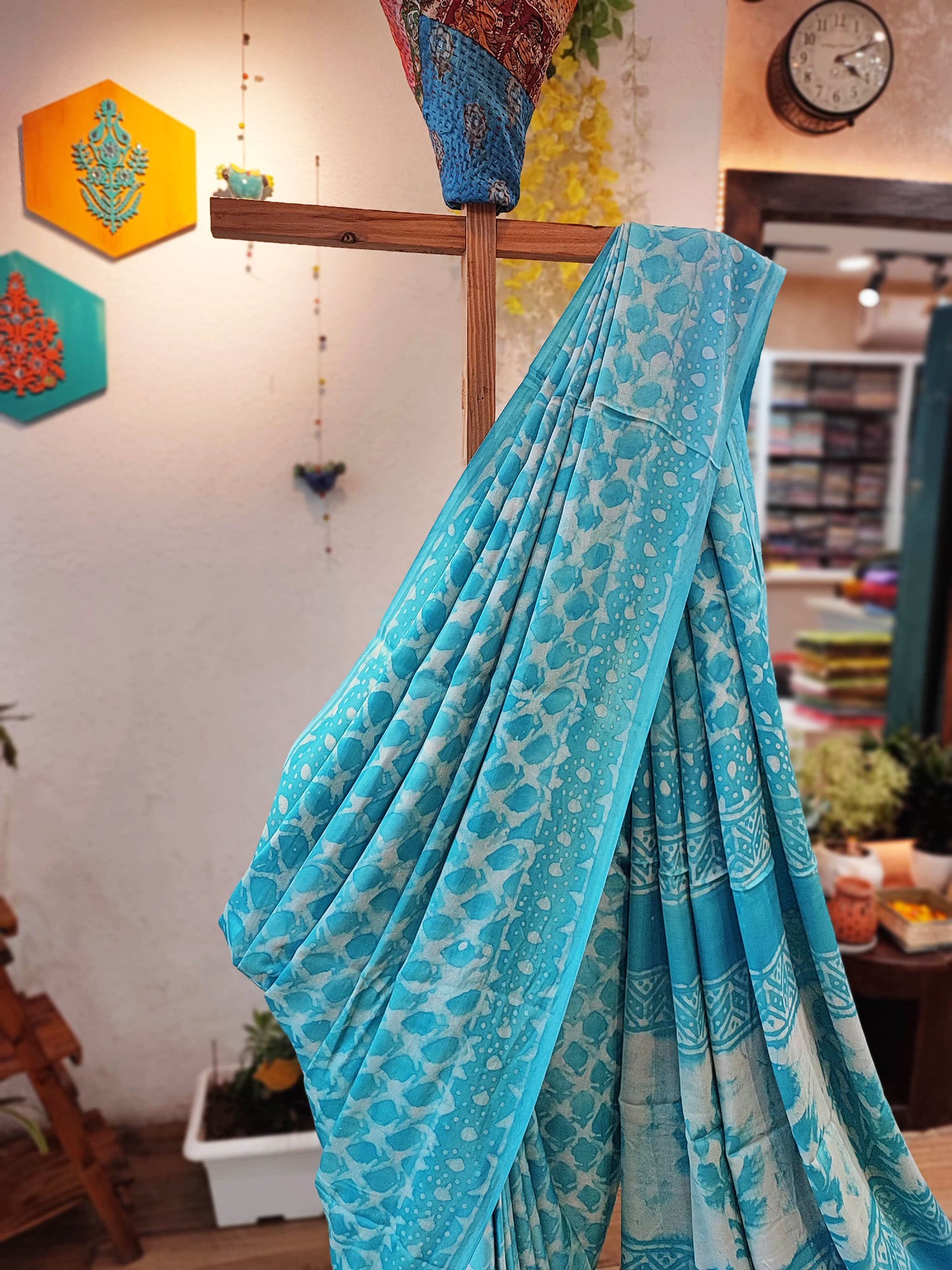 Light Cyan Satin Handblock Printed Saree With Running Blouse