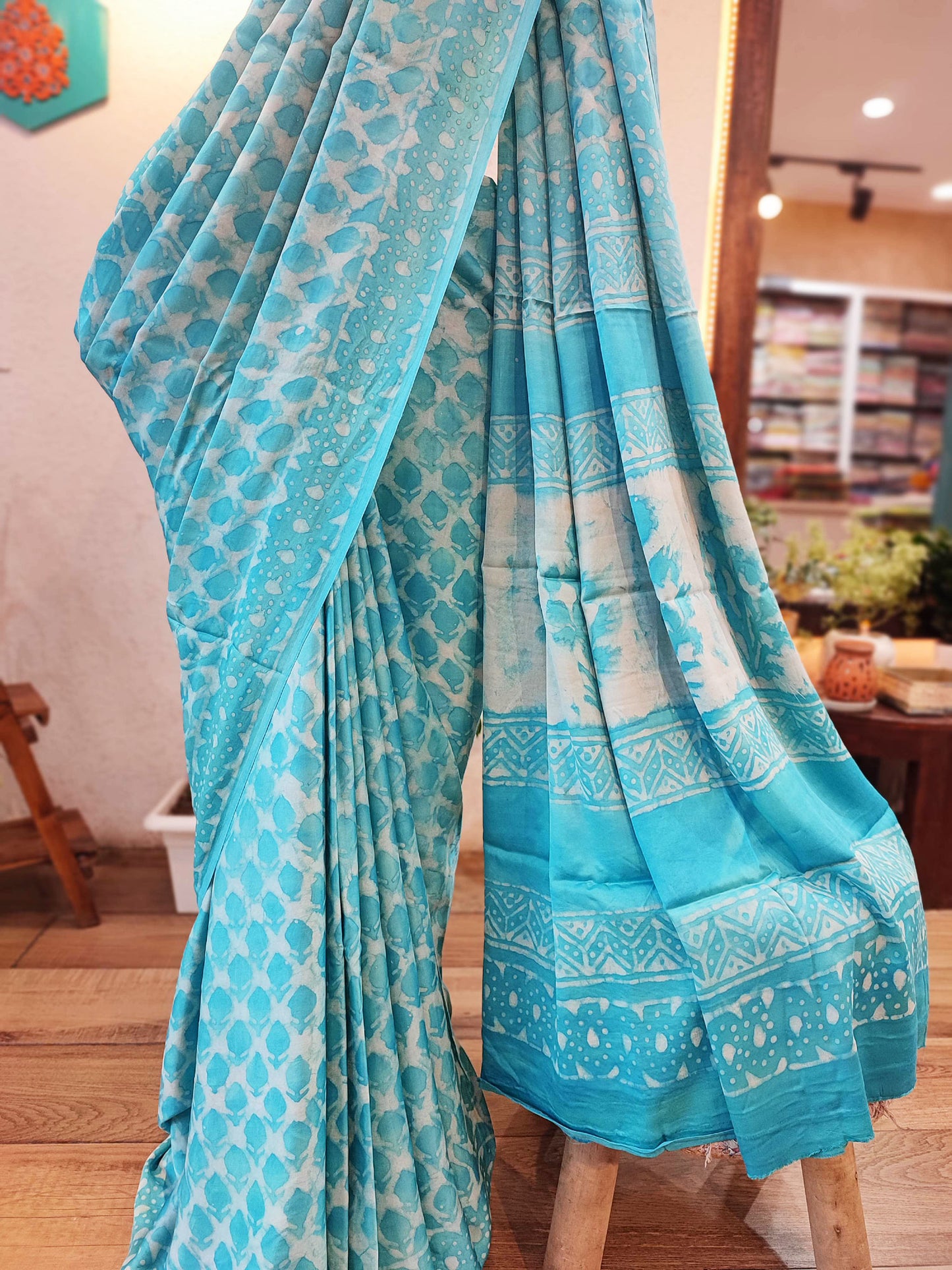 Light Cyan Satin Handblock Printed Saree With Running Blouse