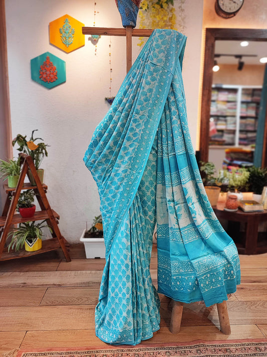 Light Cyan Satin Handblock Printed Saree With Running Blouse