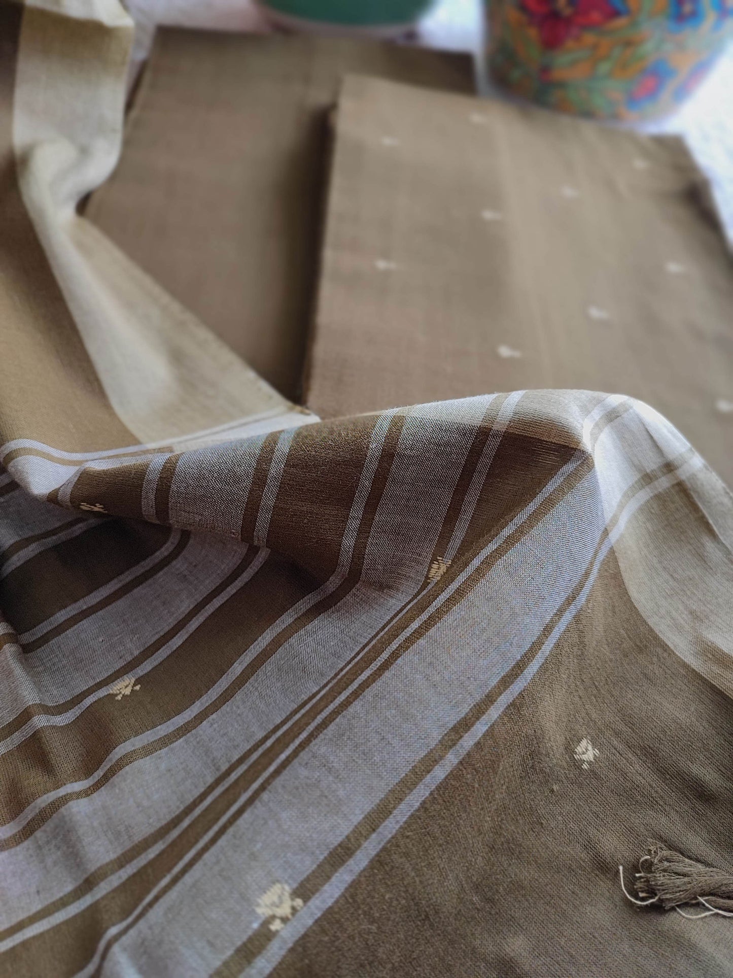 Tortilla Brown Handloom Pure Cotton Suit with Buta Weave