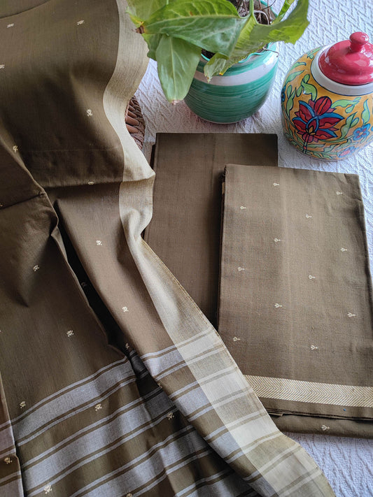 Tortilla Brown Handloom Pure Cotton Suit with Buta Weave