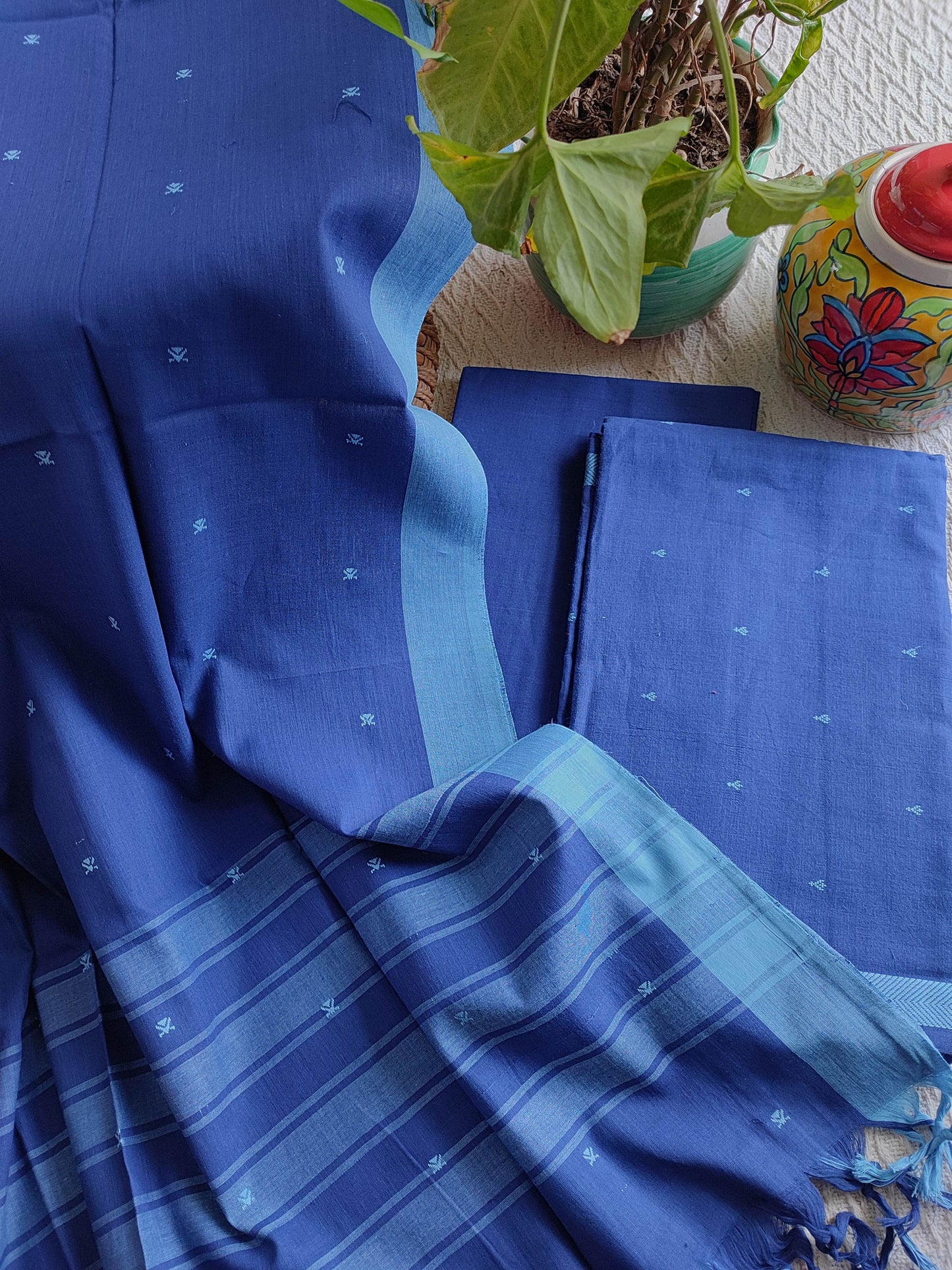 Royal Blue Handloom Pure Cotton Suit with Buta Weave