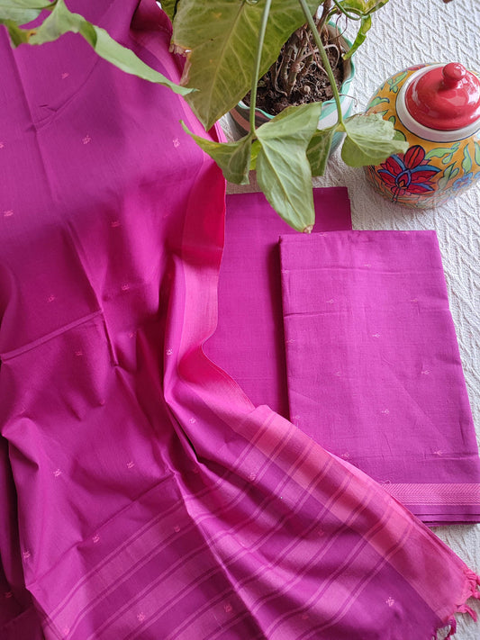 Magenta Pink Handloom Pure Cotton Suit with Buta Weave