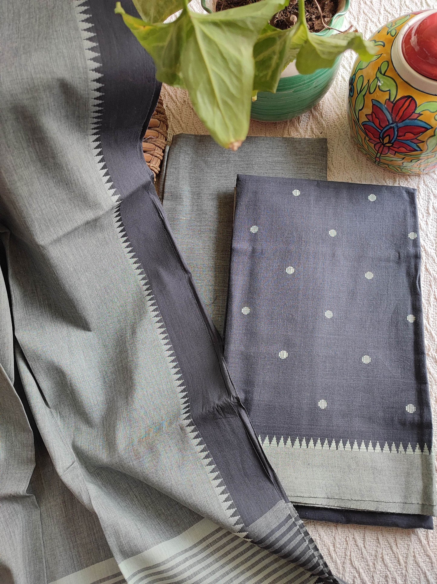 Stone Gray Handloom Pure Cotton Suit with Buta Weave