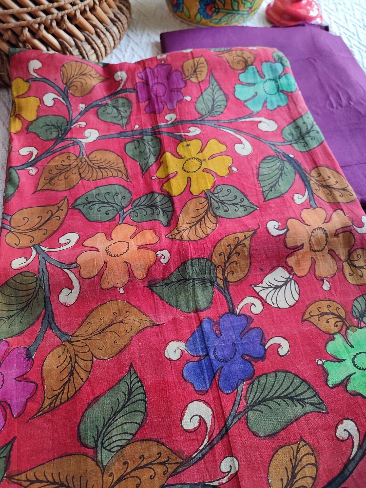 Srikalahasti Kalamkari Coral Red Kurta(4mtrs) with Purple Pants 2.5mtr Set