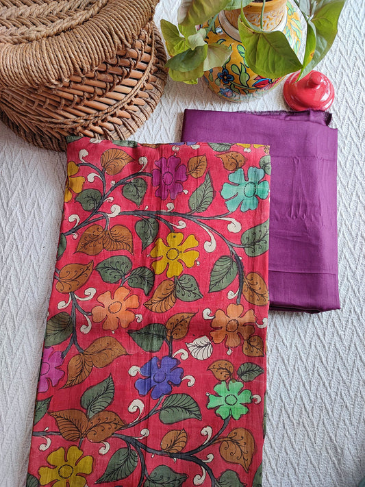 Srikalahasti Kalamkari Coral Red Kurta(4mtrs) with Purple Pants 2.5mtr Set