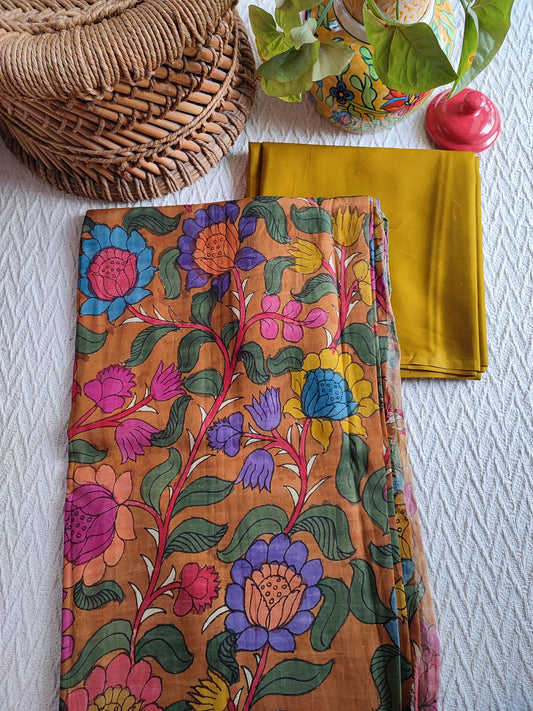 Srikalahasti Kalamkari Marmalade Kurta with Ochre Pants Set