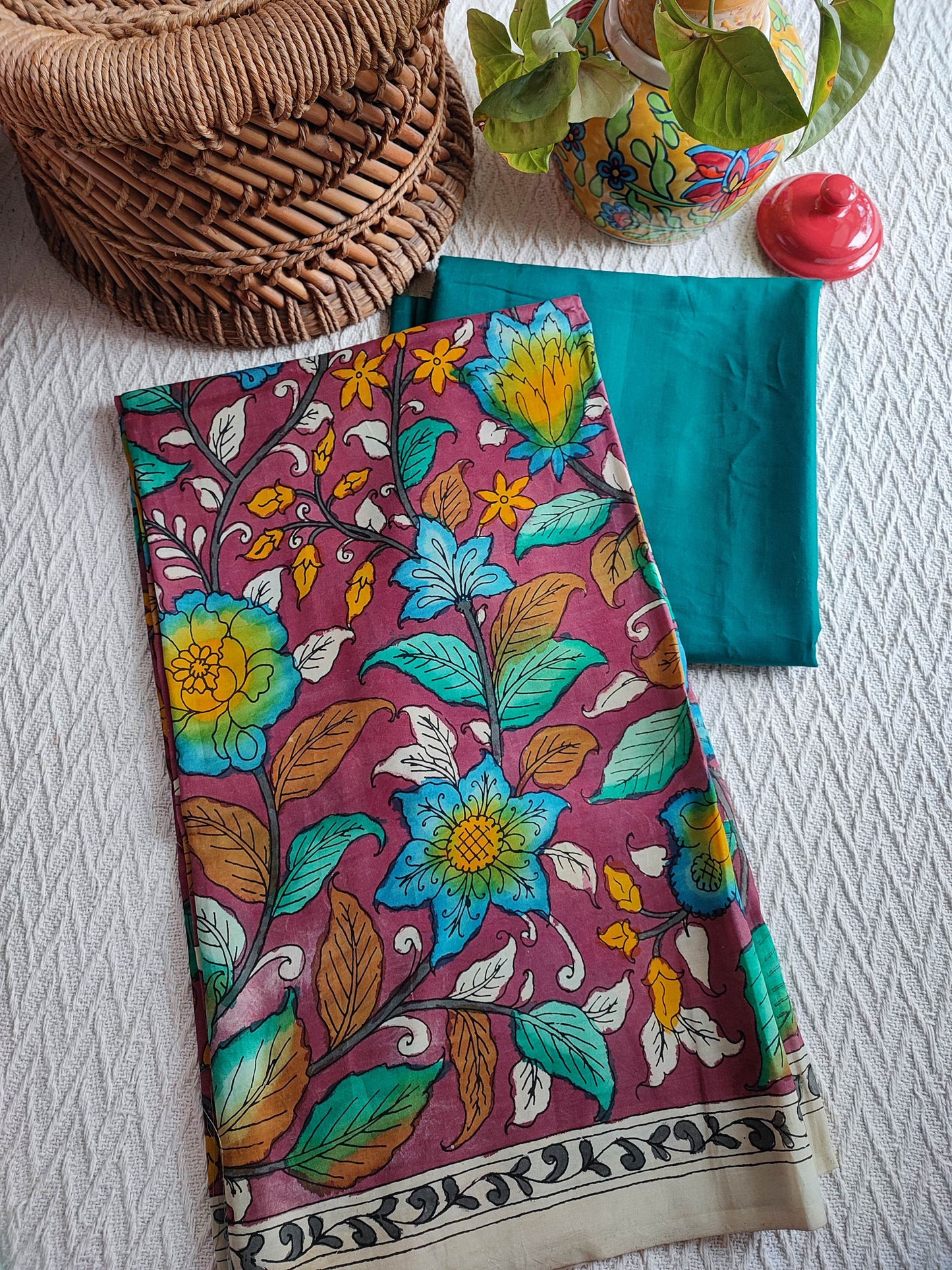 Srikalahasti Kalamkari Wine Kurta with Tropical Teal Pants Set