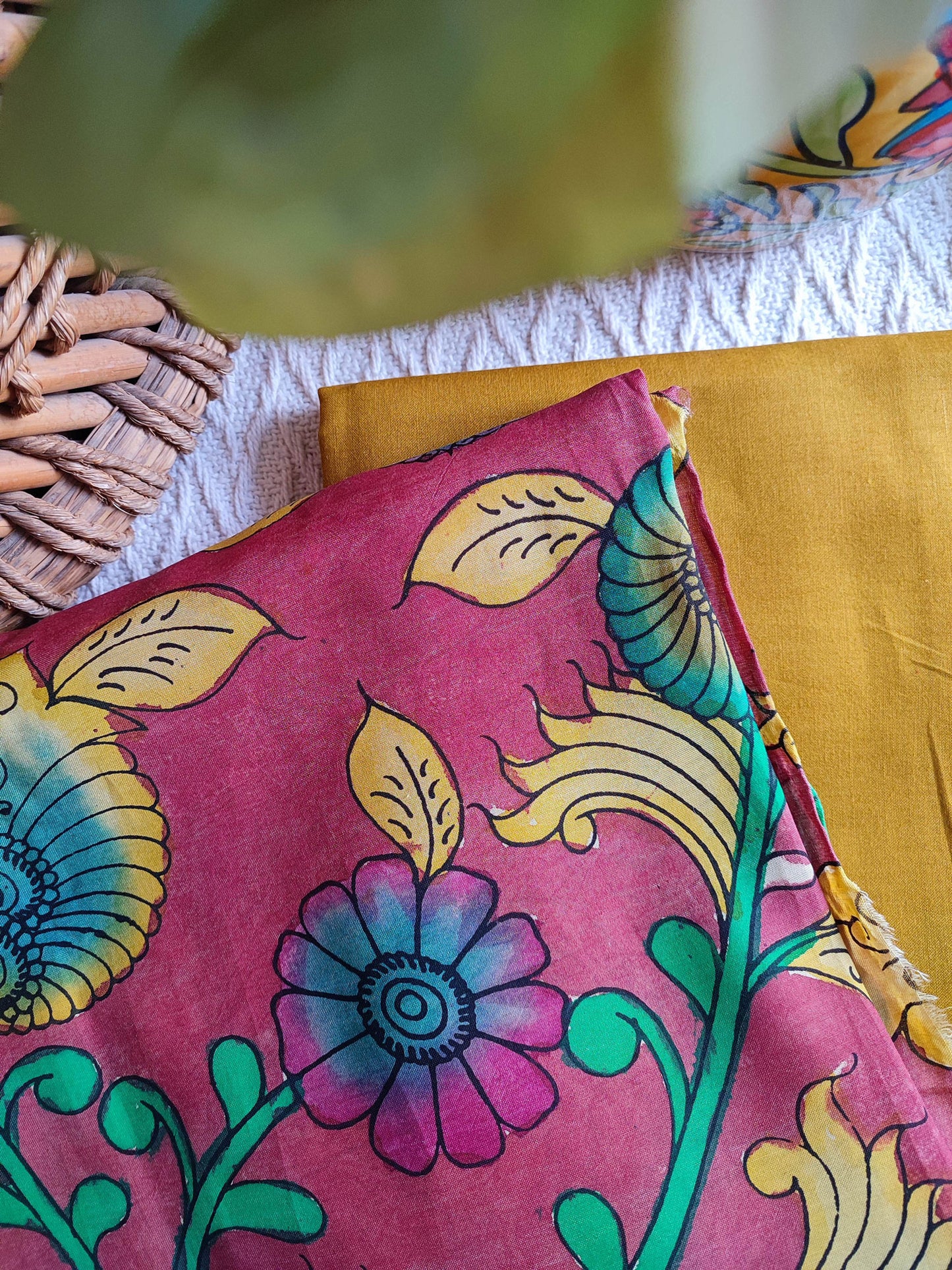 Srikalahasti Kalamkari Brick Red Kurta with Ochre Pants Set