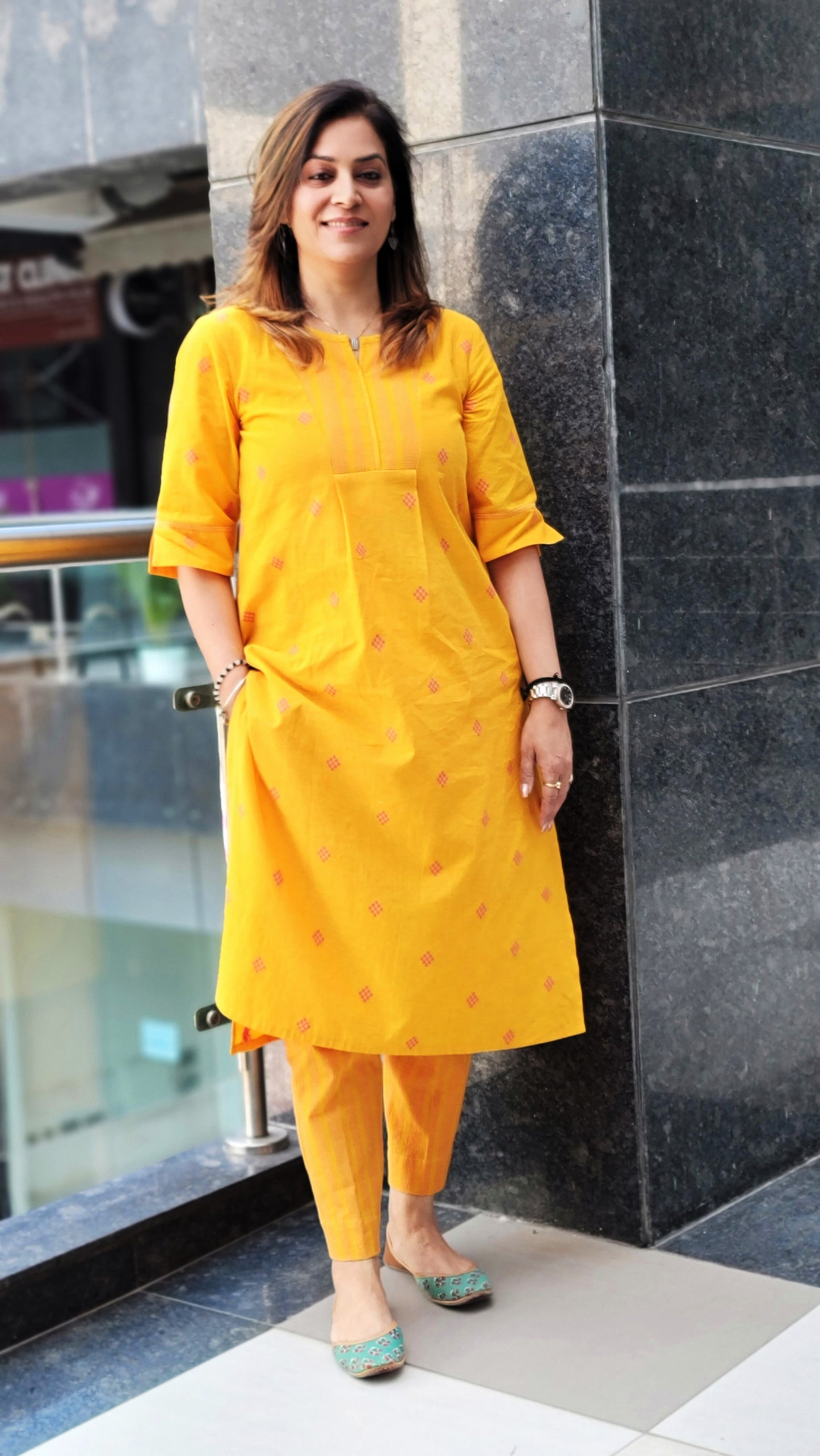 Amber Yellow Handloom Cotton Kurta & Pant Set