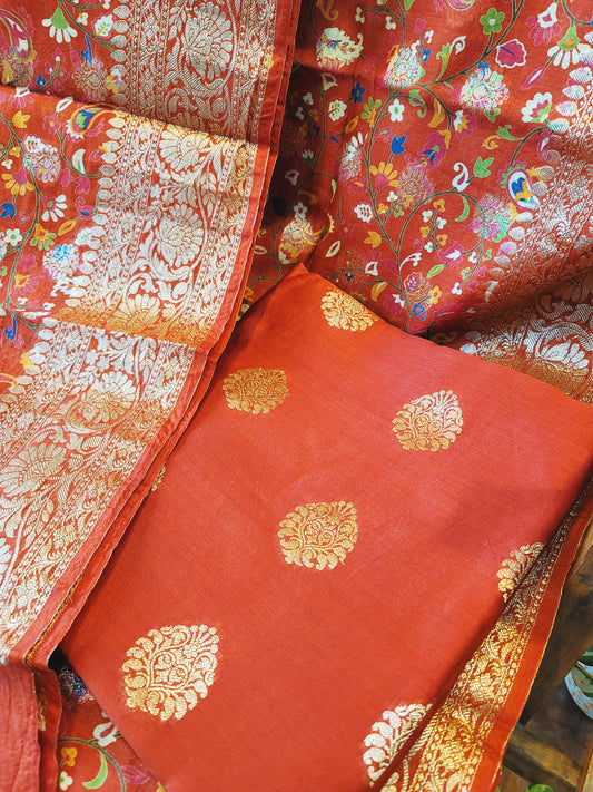 Peach Orange Chanderi Silk with Banarsi Suit Chanderi Dupatta