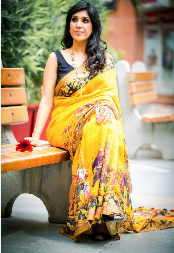 Yellow Blue Pure Linen Saree with Mughal Prints With Running Blouse