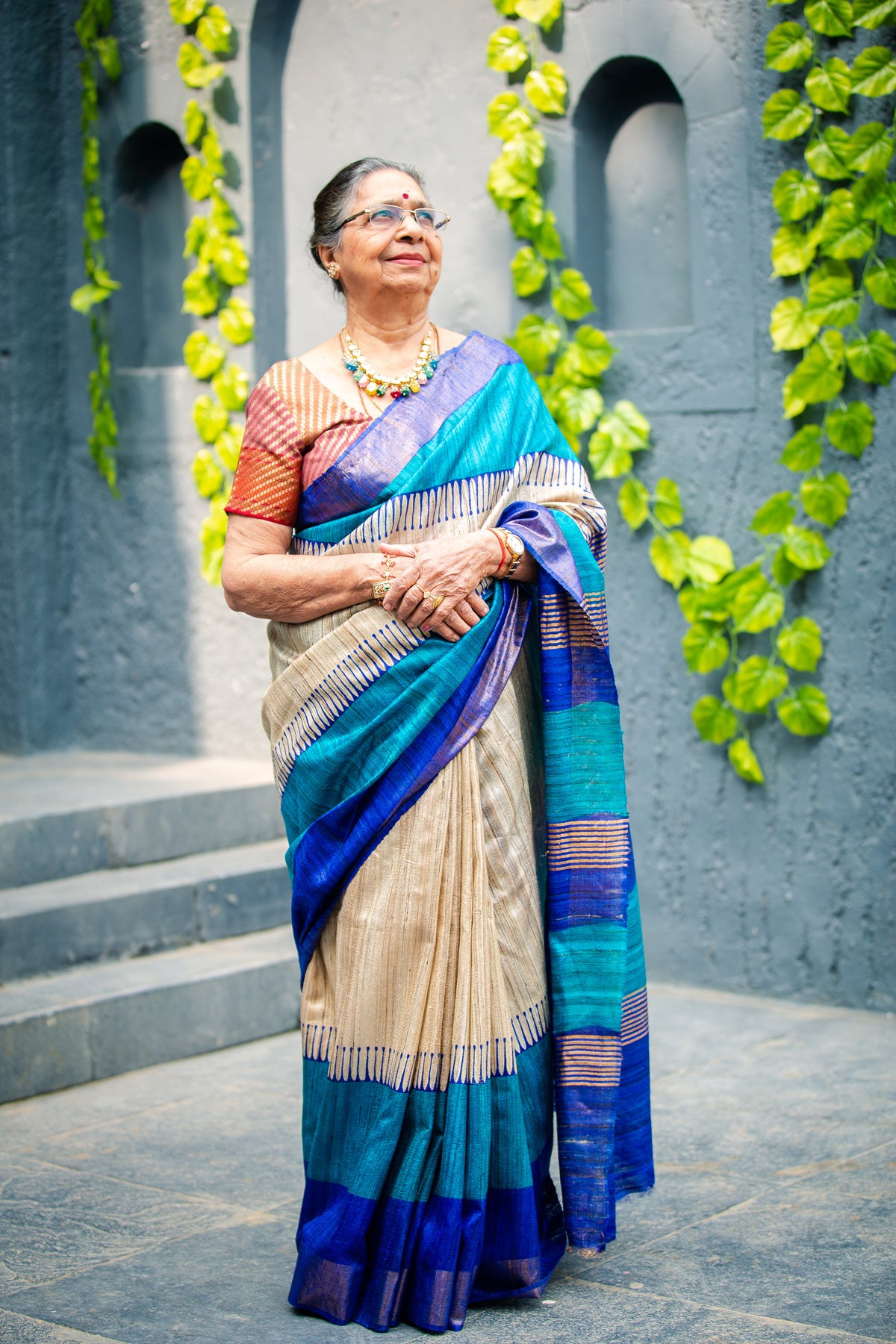 Blue Dual shade Tussar Gheecha Silk Saree