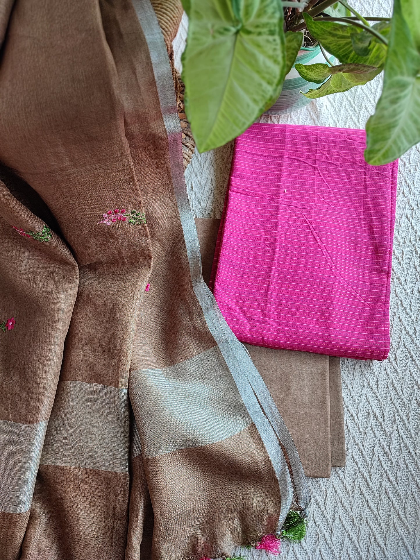 Fuchsia pink Monochromatic Cotton Kurta with Penny Brown Floral embroidery Linen Dupatta