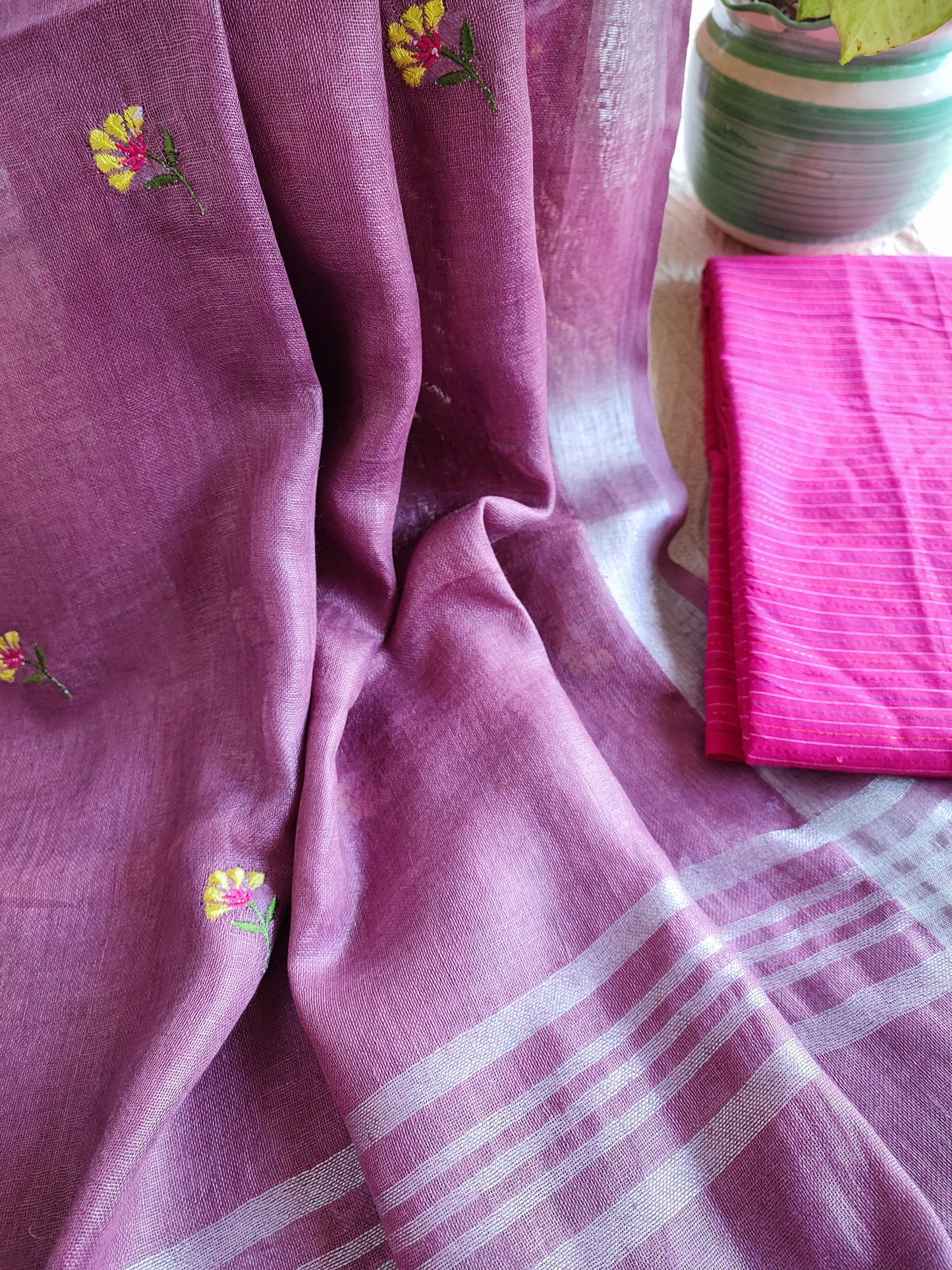 Fuchsia pink Monochromatic Cotton Kurta with Orchid  Floral embroidery Linen Dupatta