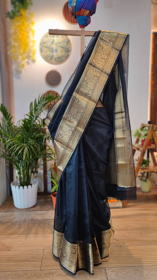 Black Semi Organza Saree With Zari Border