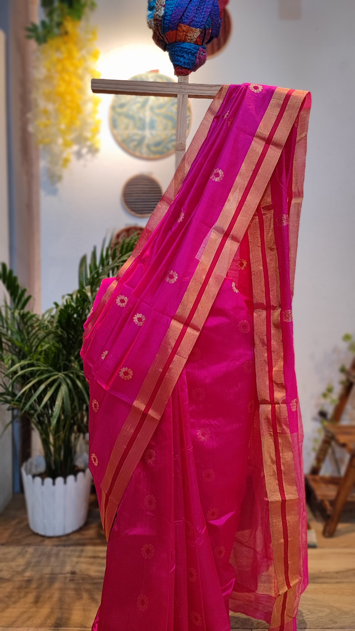 Ruby Pink Premium Pattu Silk Chanderi Saree with Minakari motifs