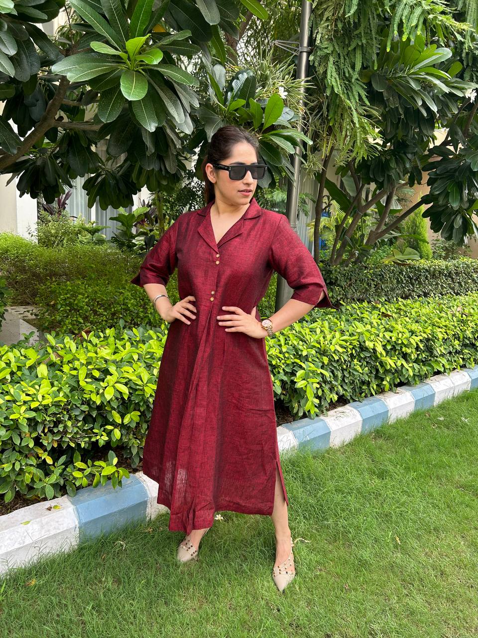 Maroon Linen Antifit Collared Dress/Kurta