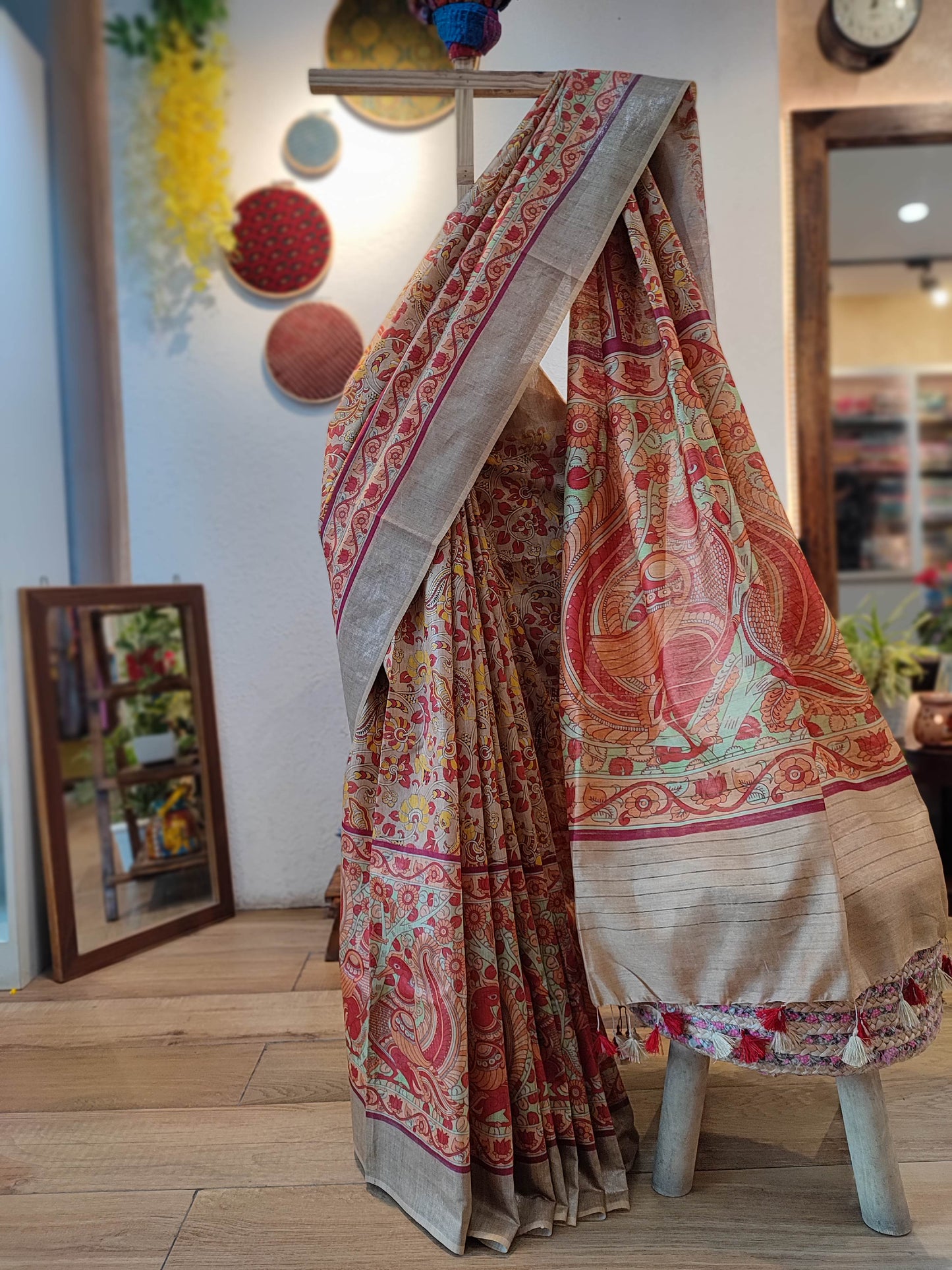 Beige and Rust Moonga Tassar Silk Digital kalamkari Silk Saree