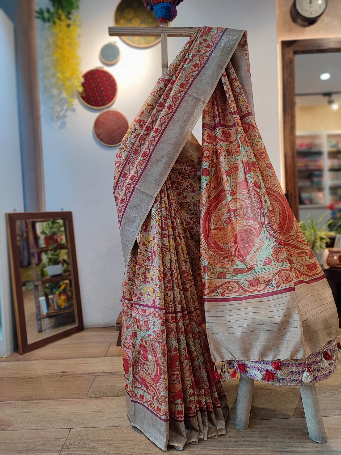 Beige and Rust Moonga Tassar Silk Digital kalamkari Silk Saree