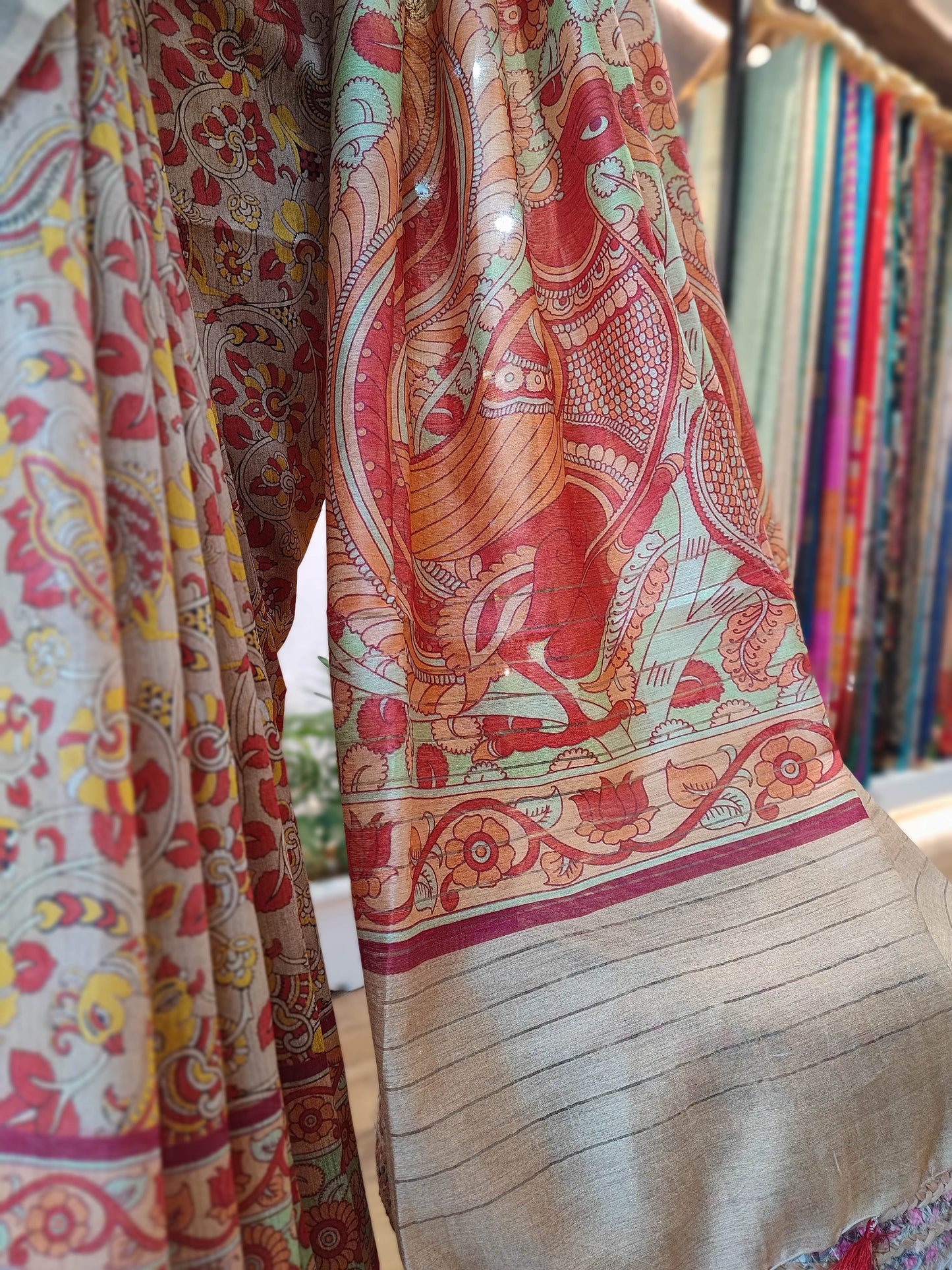 Beige and Rust Moonga Tassar Silk Digital kalamkari Silk Saree