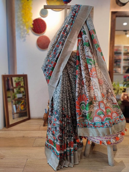 Grey and Orange Kalamkari print Moonga Tussar Silk Saree