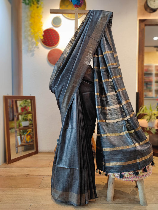 Charcoal Black Tassar Gheecha Silk Saree with golden Stripes