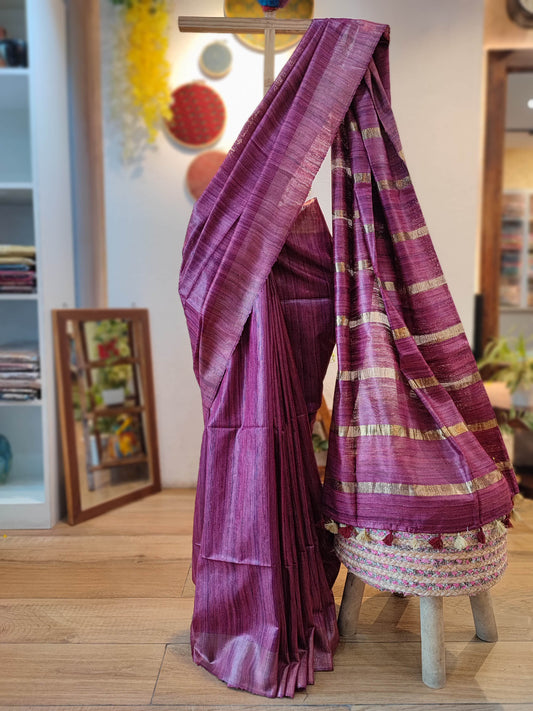 Russian Violet Tassar Gheecha Silk Saree with golden Stripes