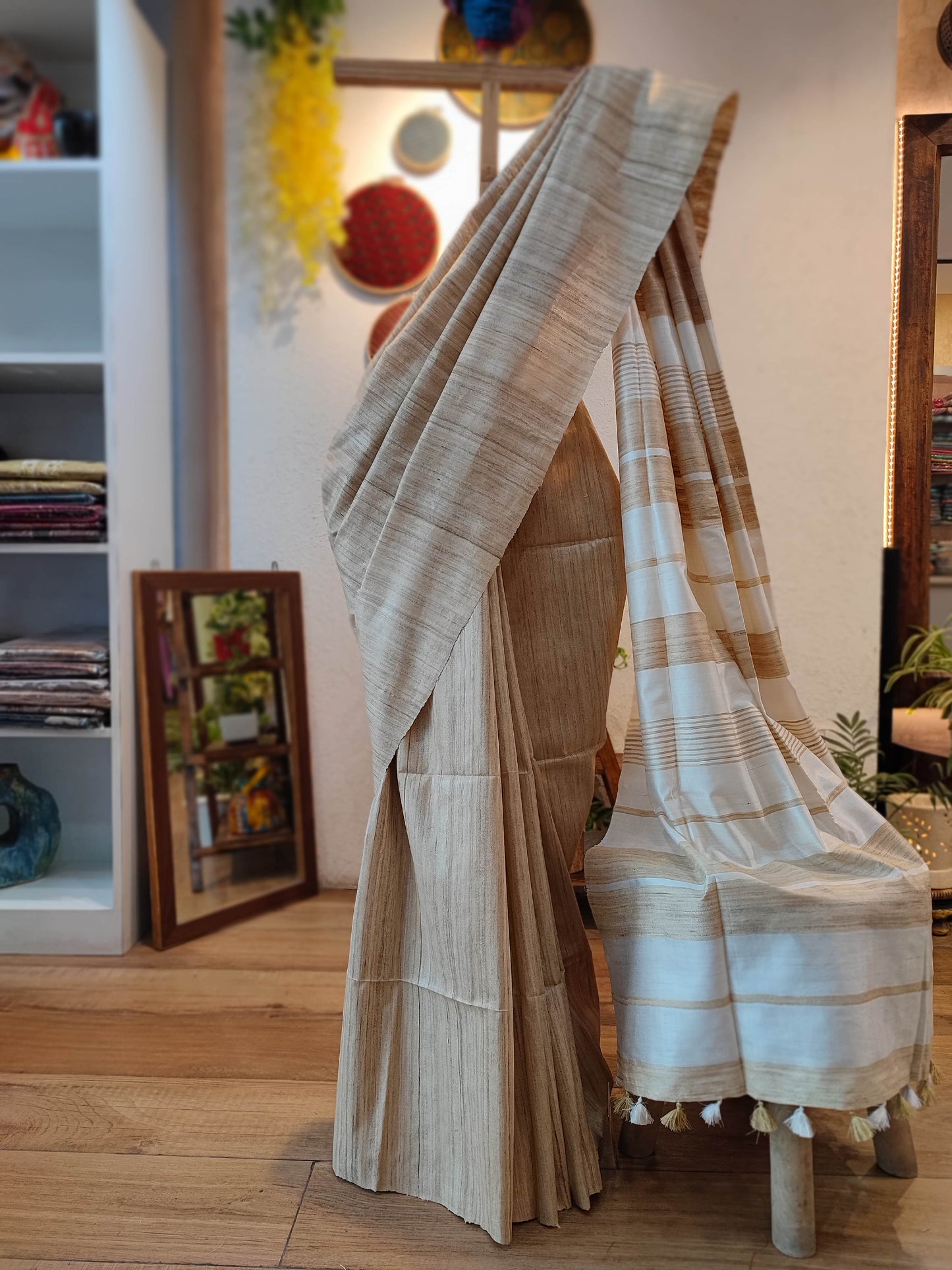 Natural Brown Tussar Gheecha Silk Saree with Stripes