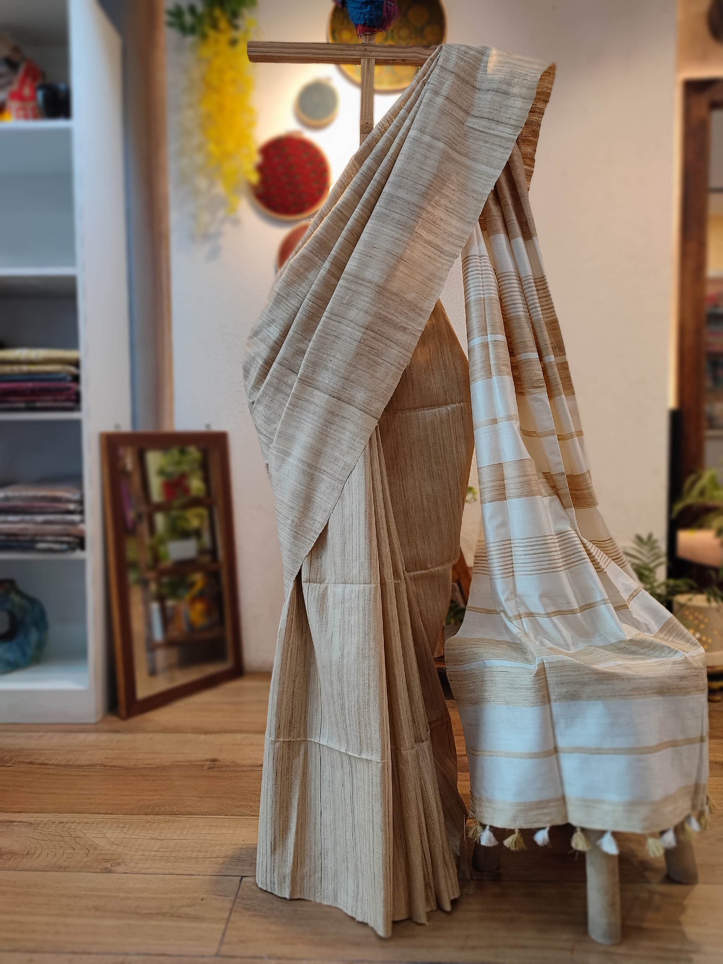 Natural Brown Tussar Gheecha Silk Saree with Stripes