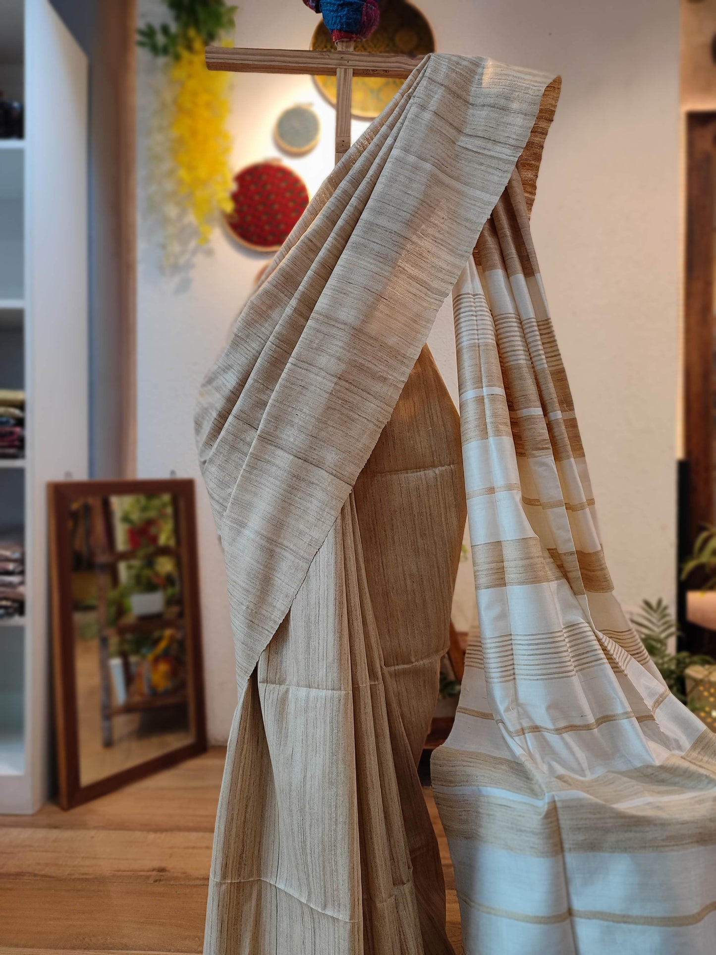 Natural Brown Tussar Gheecha Silk Saree with Stripes