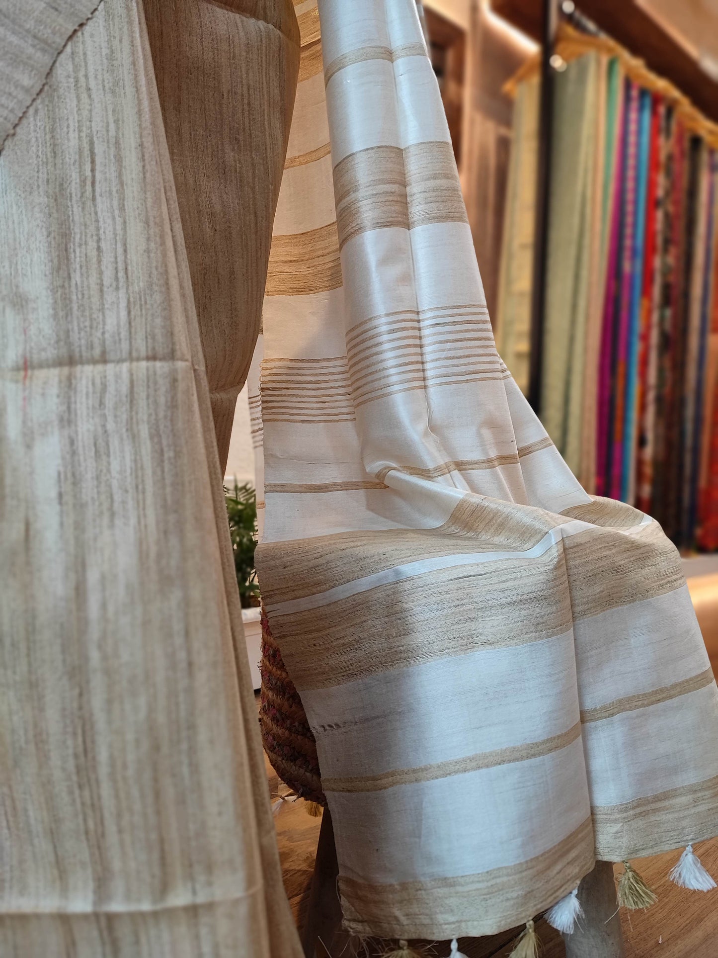 Natural Brown Tussar Gheecha Silk Saree with Stripes