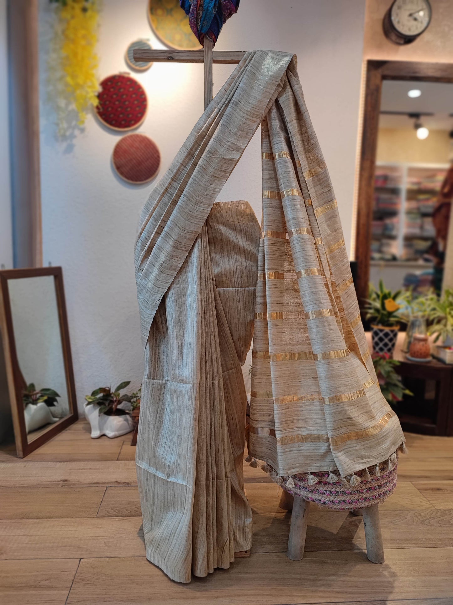 Natural Brown Tussar Gheecha Silk Saree with golden Stripes