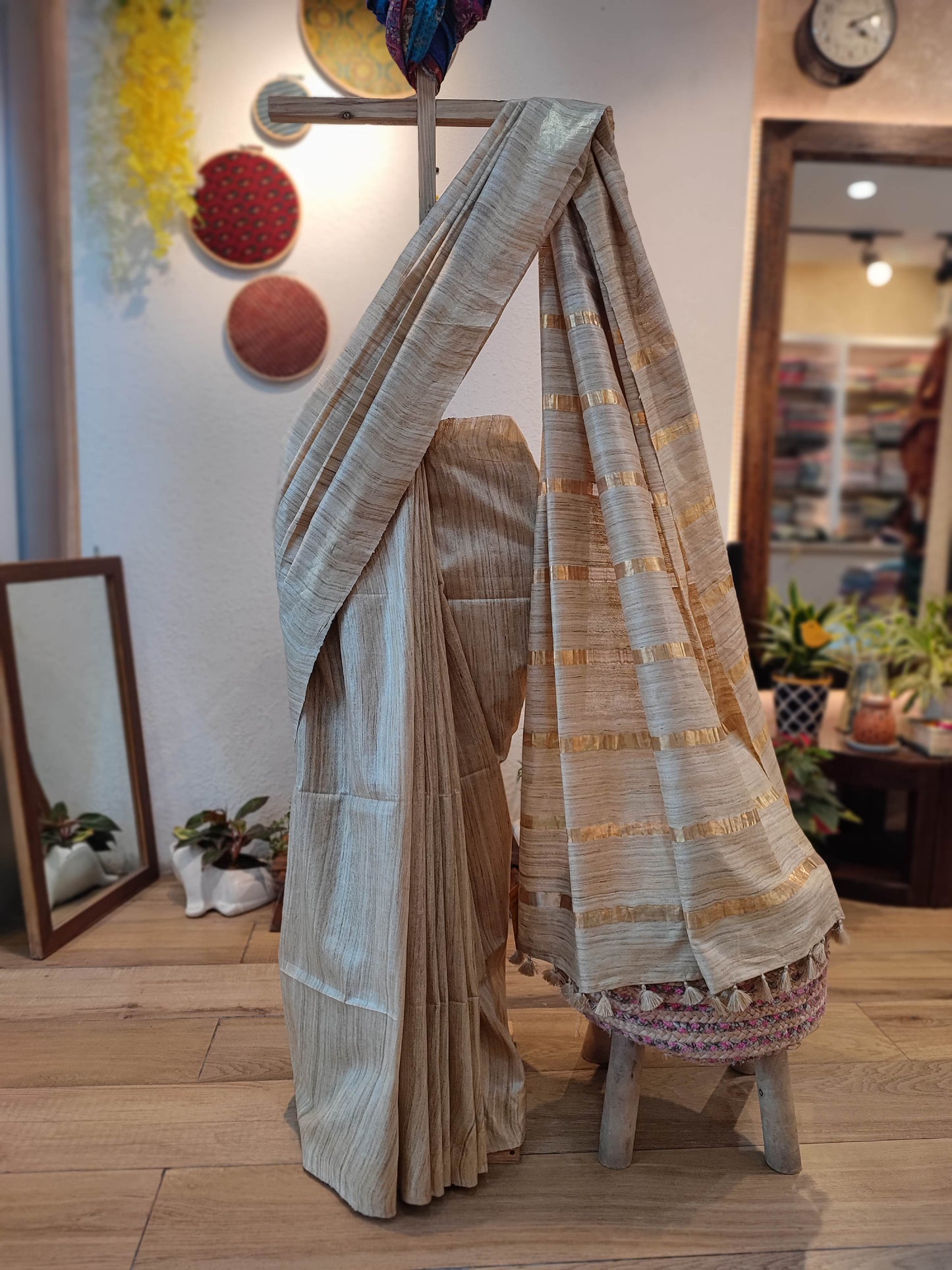 Natural Brown Tussar Gheecha Silk Saree with golden Stripes