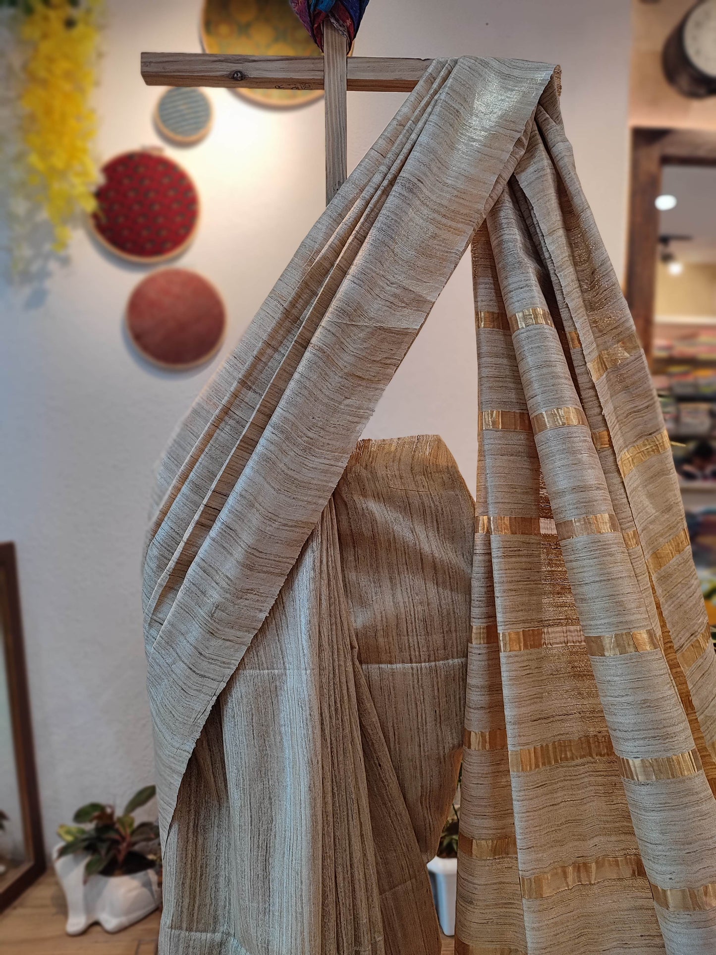 Natural Brown Tussar Gheecha Silk Saree with golden Stripes