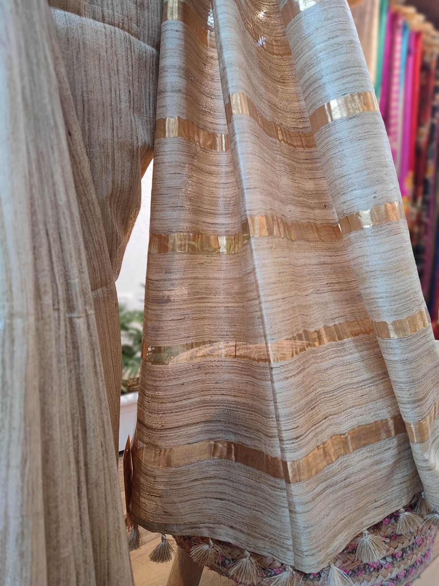 Natural Brown Tussar Gheecha Silk Saree with golden Stripes