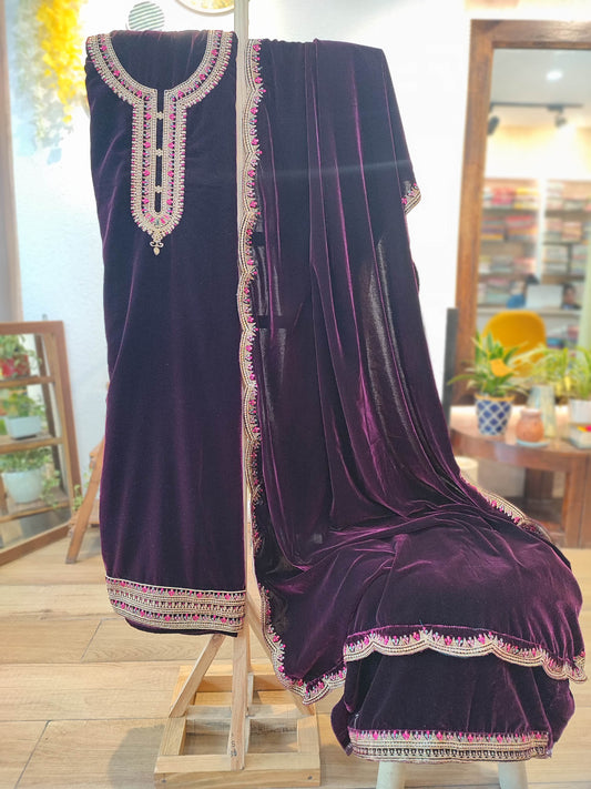 Deep Wine Velvet suit with embroidery