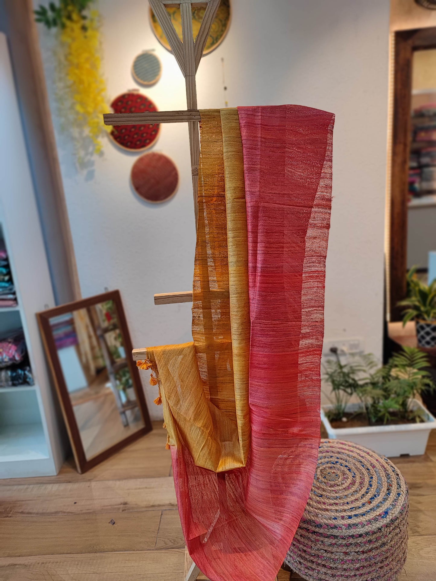 Mustard yellow and Red Tussar GheechaSilk Dupatta