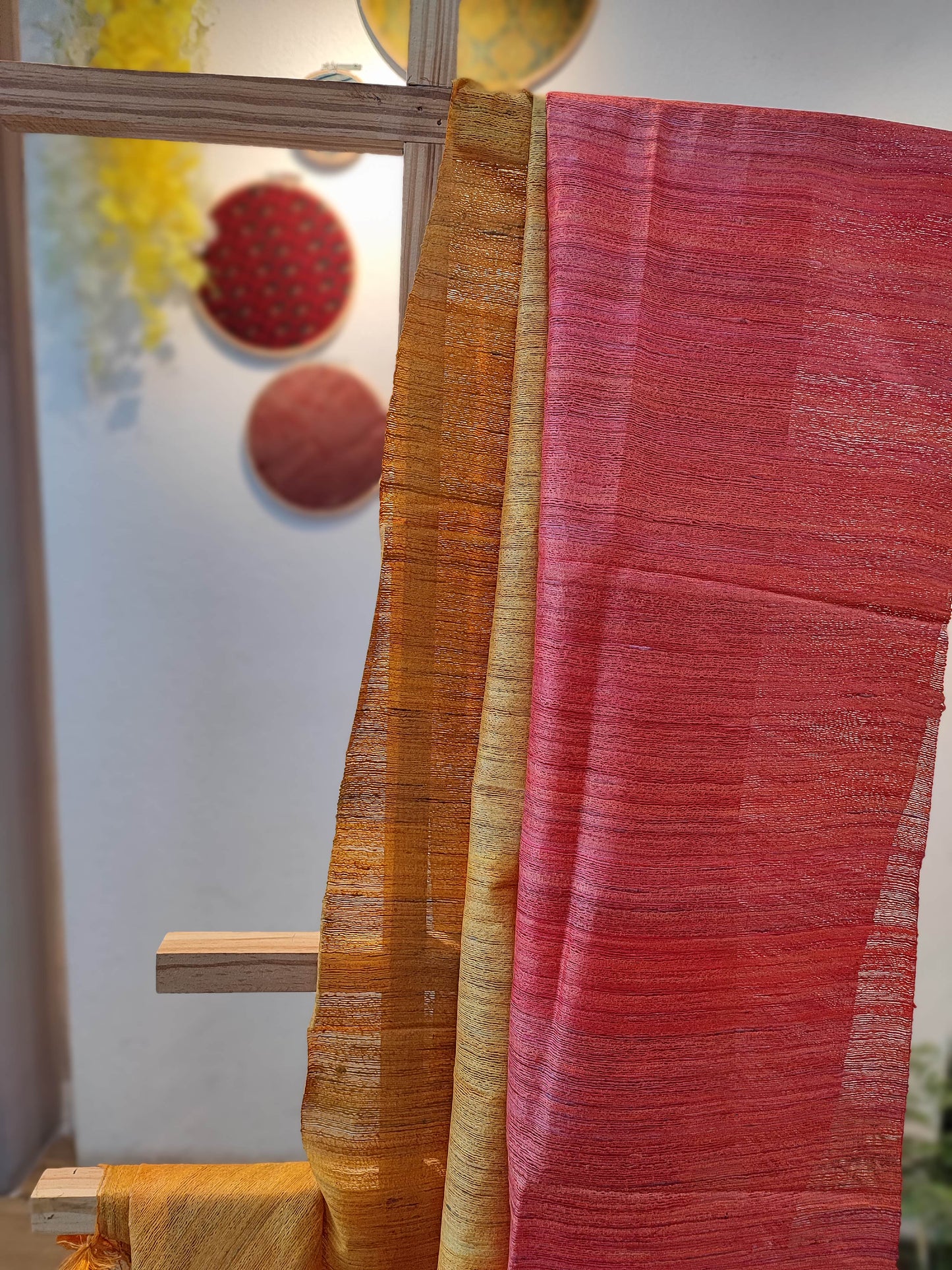 Mustard yellow and Red Tussar GheechaSilk Dupatta