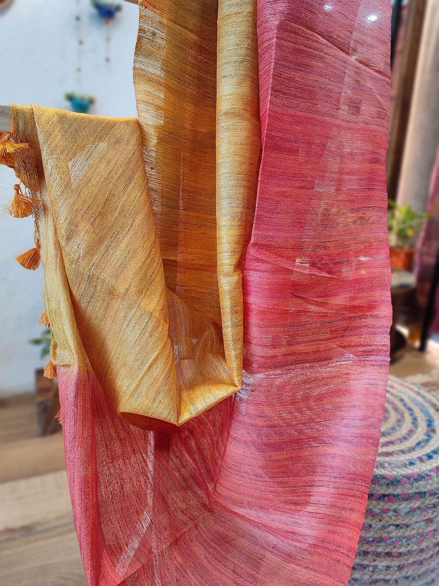 Mustard yellow and Red Tussar GheechaSilk Dupatta