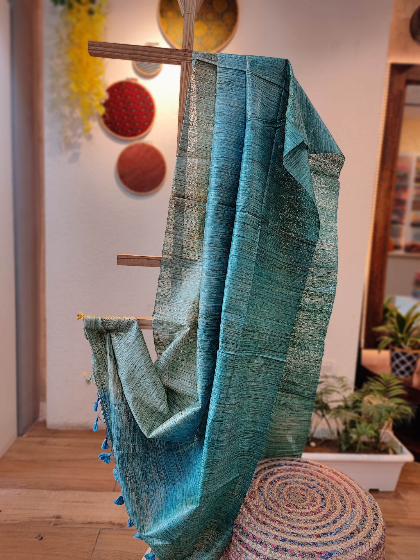 Teal Shaded Tussar GheechaSilk Dupatta