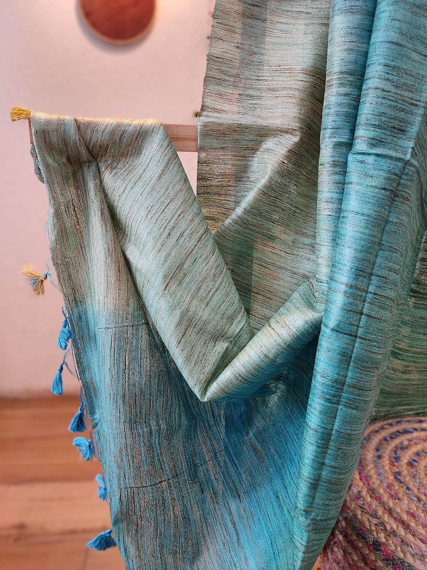 Teal Shaded Tussar GheechaSilk Dupatta