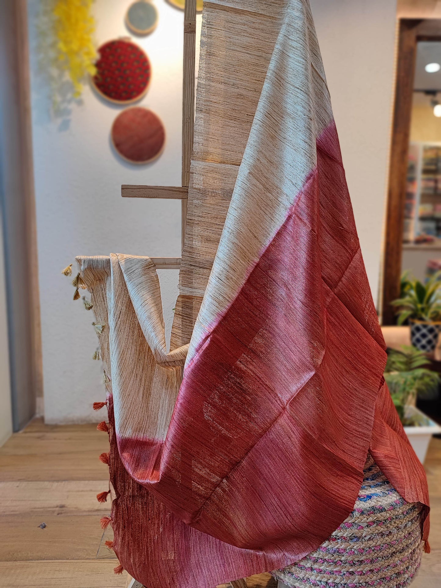 Beige and Maroon Shaded Tussar GheechaSilk Dupatta