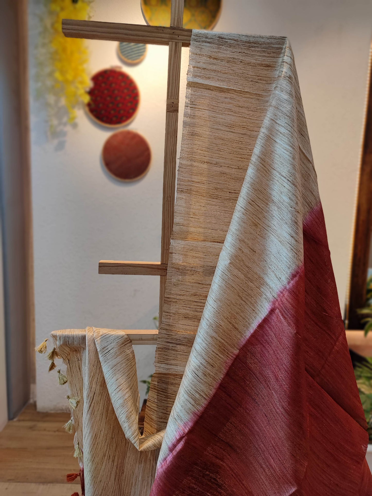 Beige and Maroon Shaded Tussar GheechaSilk Dupatta