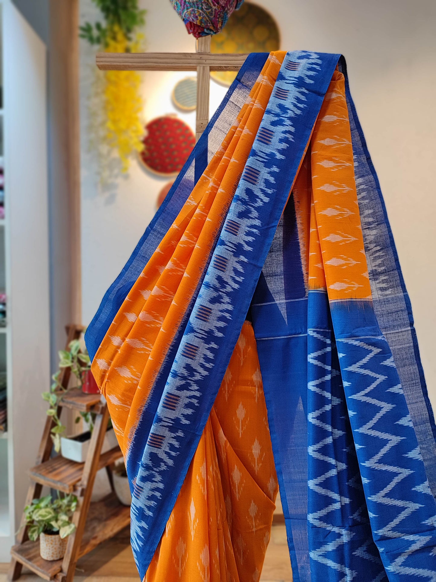 Mango Yellow and Blue Mercerized Fine Cotton Ikkat Saree