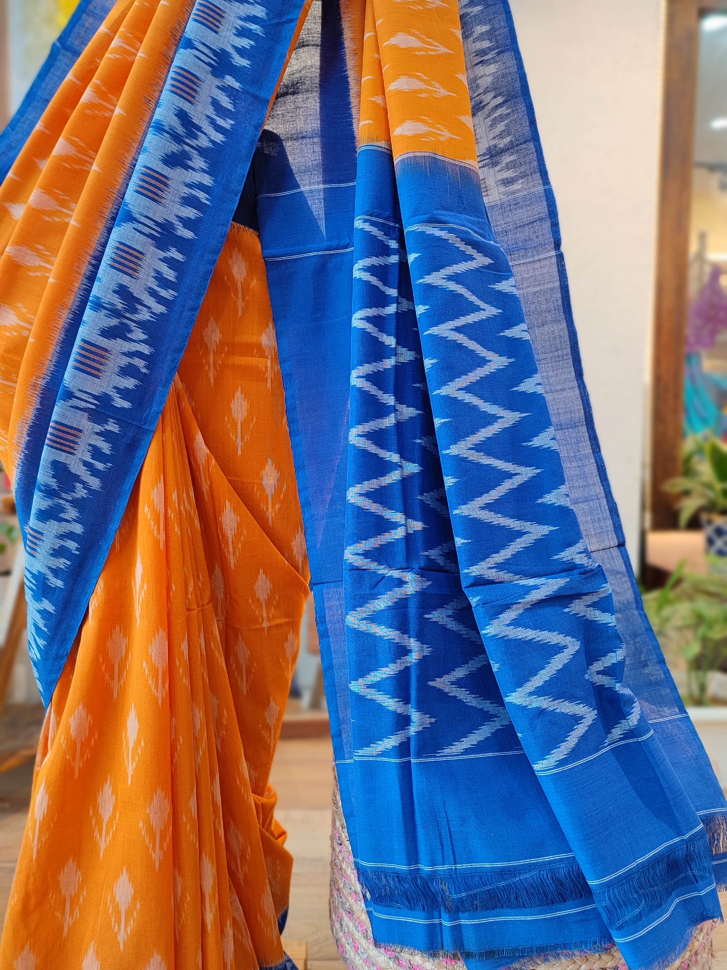 Mango Yellow and Blue Mercerized Fine Cotton Ikkat Saree