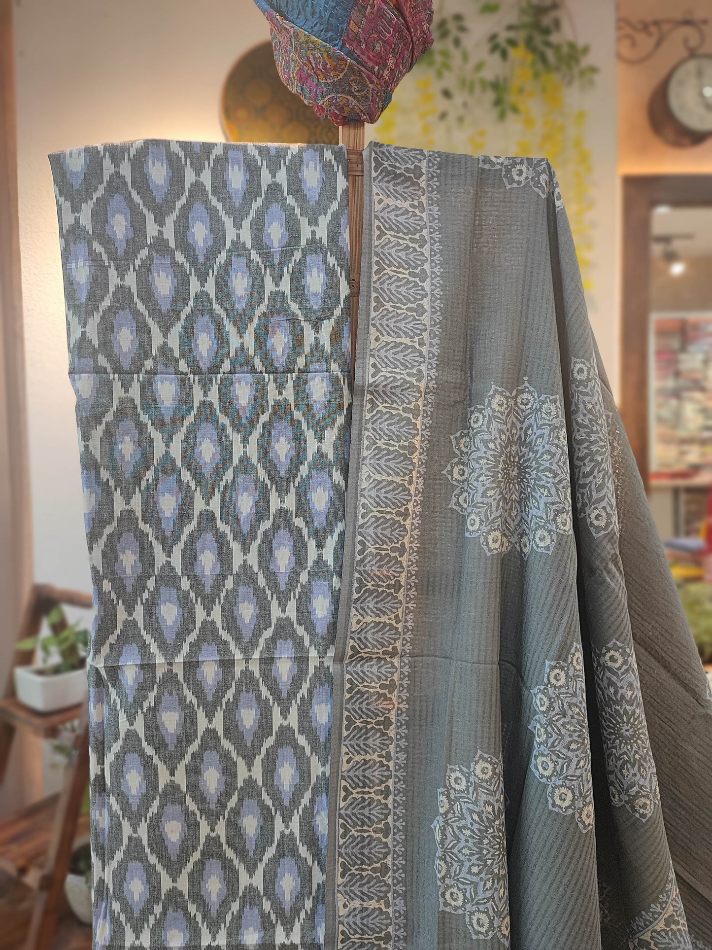 Grey Pure Cotton Handloom Ikkat Suit Set